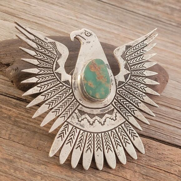 Vintage Navajo Large Eagle Thunderbird Royston Turquoise Bolo Tie - Picture 3 of 11